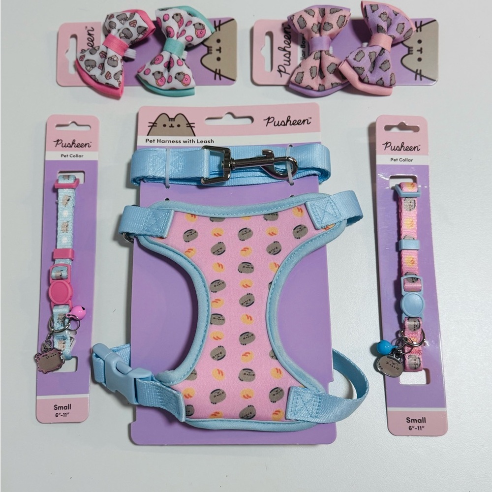 Pusheen Cat Harness Leash Set + 2 Cat Collars + 4 Collar Bows Bundle Small